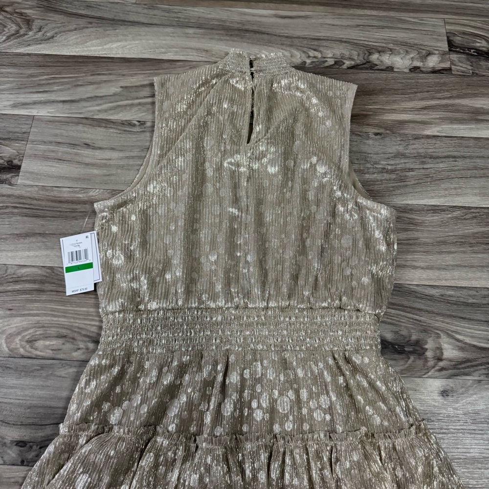 NWT 1.State Sparkle Smocked Tiered Sleeveless Mini Dress Gold Size Large - Picture 7 of 8